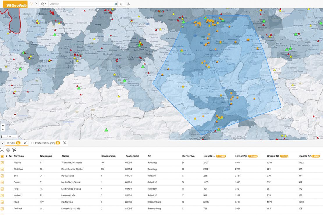 Daten darstellen: Visualisierung von Daten auf der Landkarte und Tabellen in der Software WIGeoWeb 