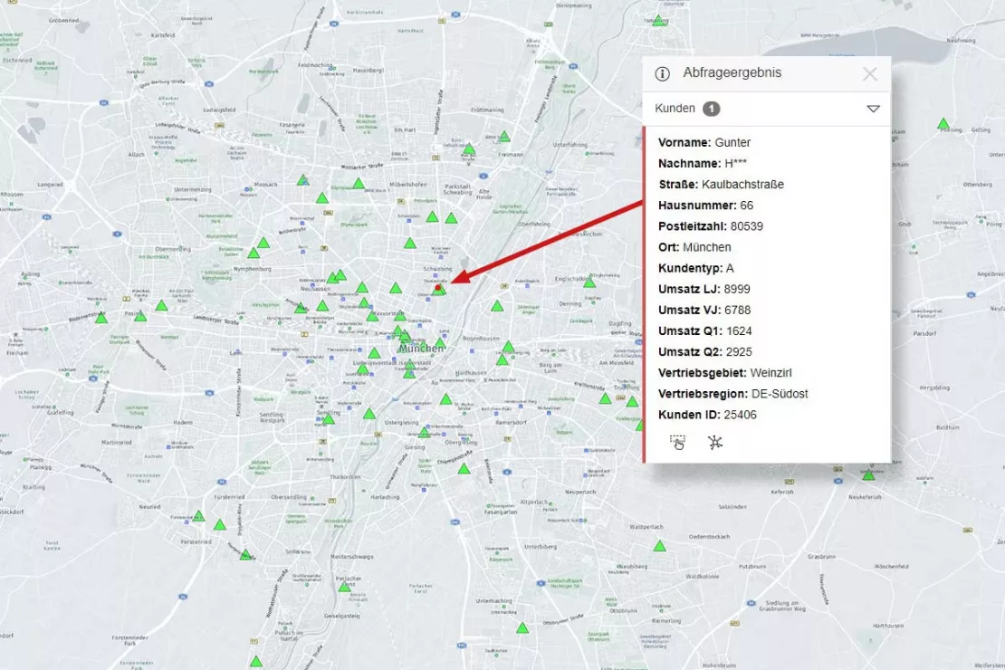 Screenshot of the Customers on a Map tool with the information on each customer displayed by clicking the info button