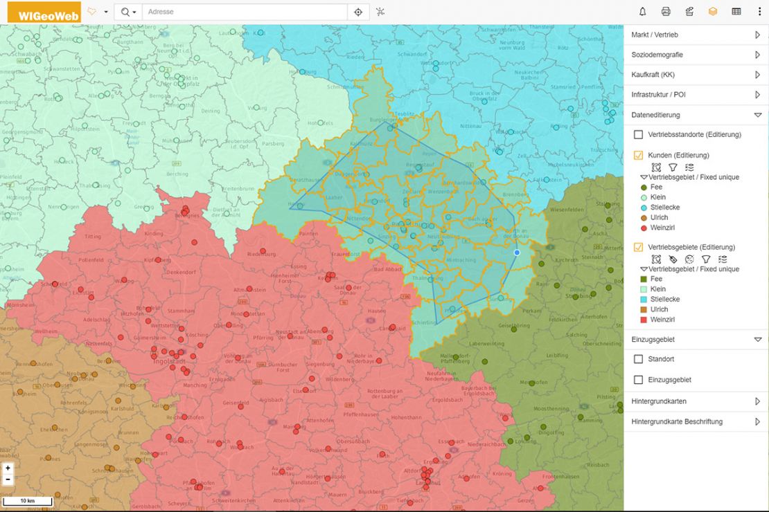 Flächendaten erfassen: Polygone zeichnen in Landkarte; Screenshot Software WIGeoWeb