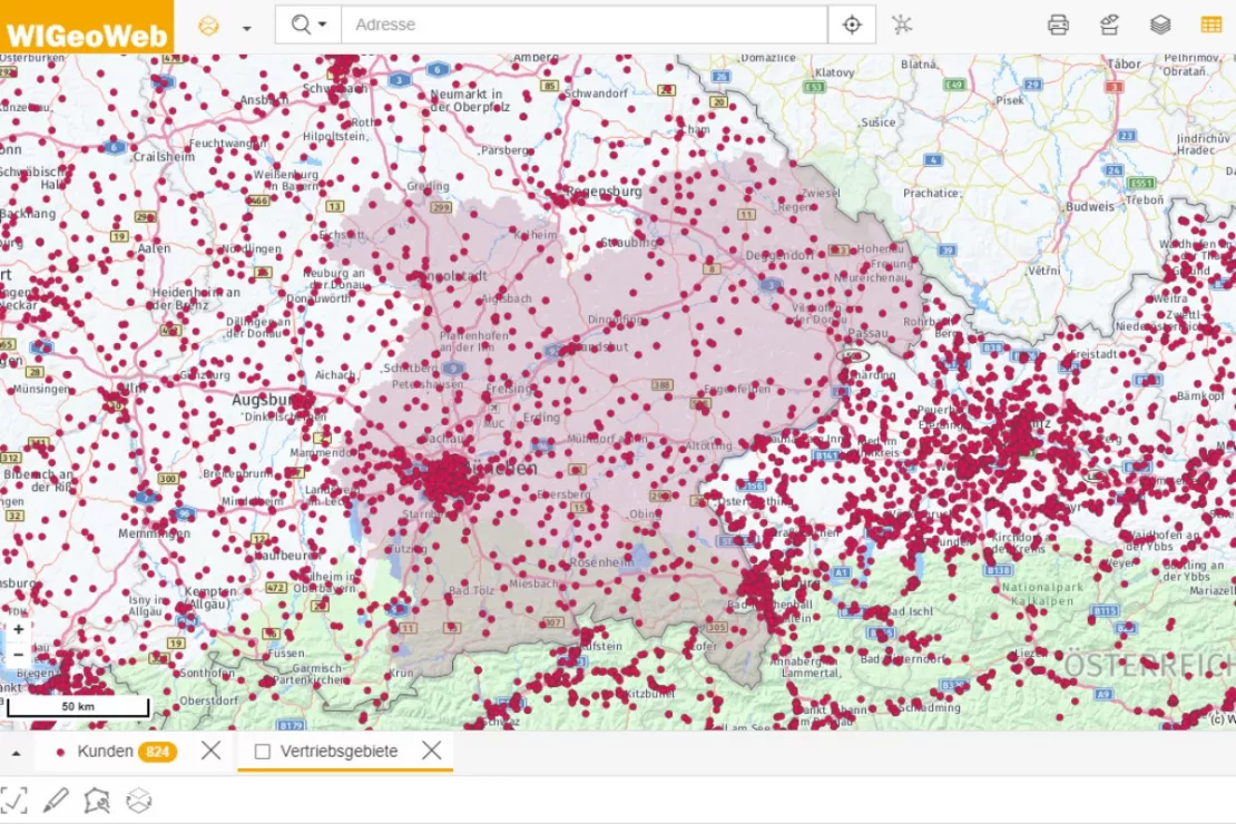 Reporting-Tool mit Karte: Software Screenshot Auswahl Vertriebsgebiete