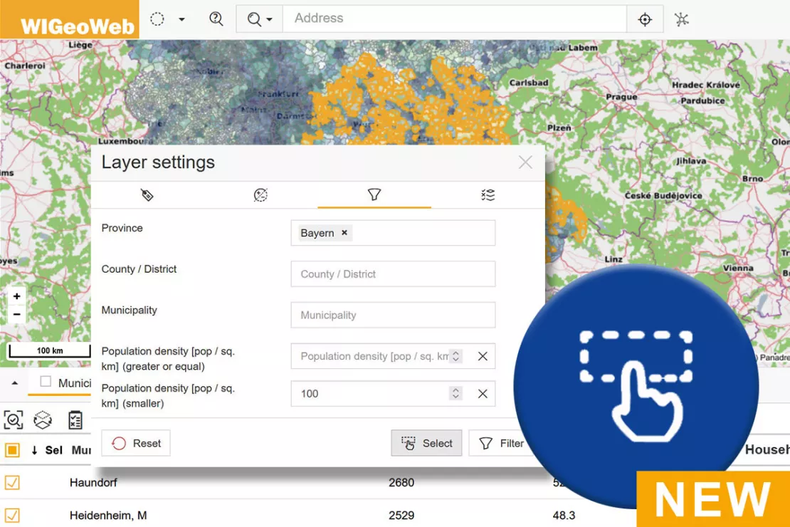 Screenshot of the WebGIS attribute and data selection function