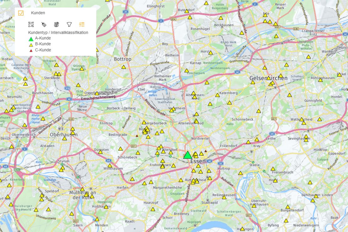 Screenshot WIGeoWeb Kundendaten auf der interaktiven Landkarte (ABC-Kundenanalyse)