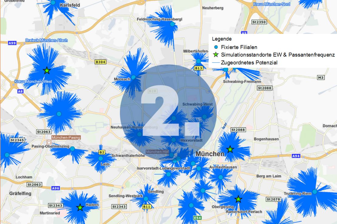 Schritt 2 einer Filialnetz-Optimierung mit GIS: Simulation unterschiedlicher Standort-Szenarien Schritt 2 einer Filialnetz-Optimierung mit GIS: Simulation unterschiedlicher Standort-Szenarien