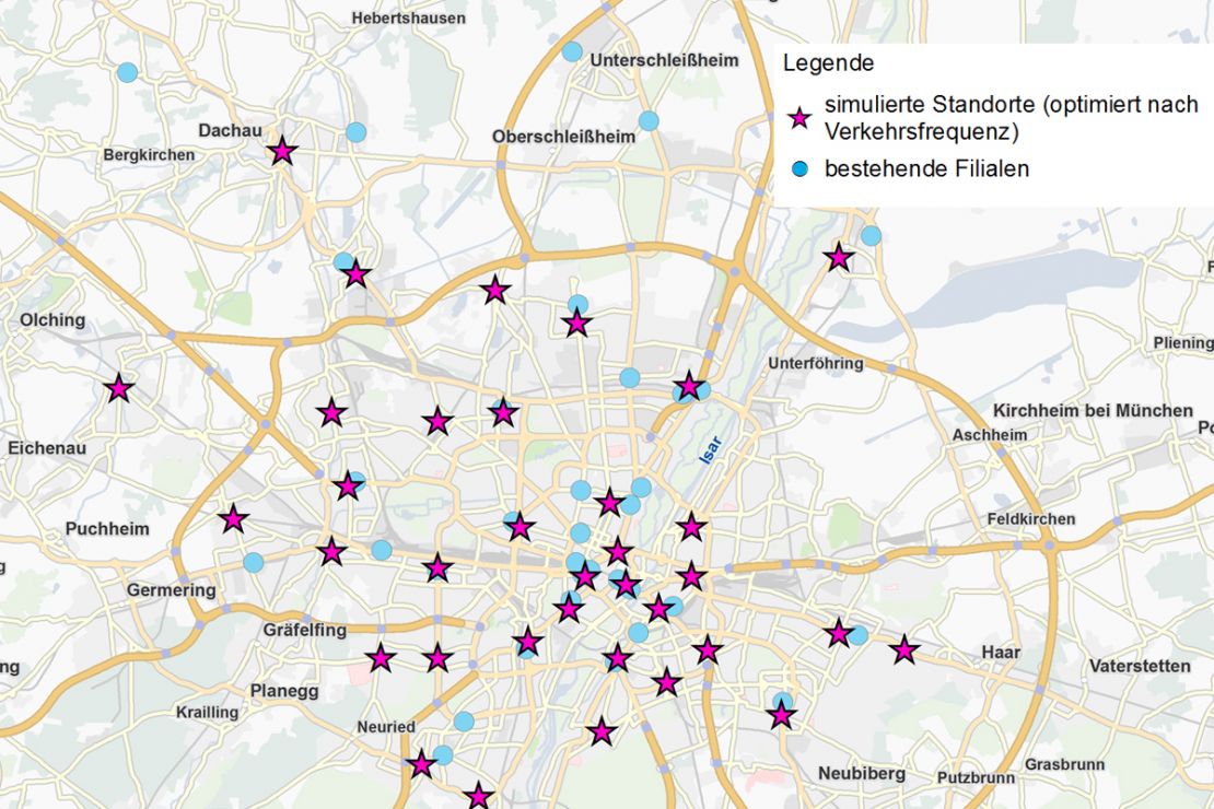 Szenario 2 im Zuge einer Filialnetz-Optimierung mit Geomarketing: Greenfield-Analyse nach Pkw-Dichte Szenario 2 im Zuge einer Filialnetz-Optimierung mit Geomarketing: Greenfield-Analyse nach Pkw-Dichte