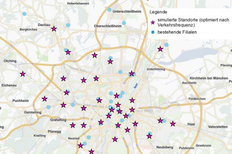 Szenario 2 im Zuge einer Filialnetz-Optimierung mit Geomarketing: Greenfield-Analyse nach Pkw-Dichte Szenario 2 im Zuge einer Filialnetz-Optimierung mit Geomarketing: Greenfield-Analyse nach Pkw-Dichte
