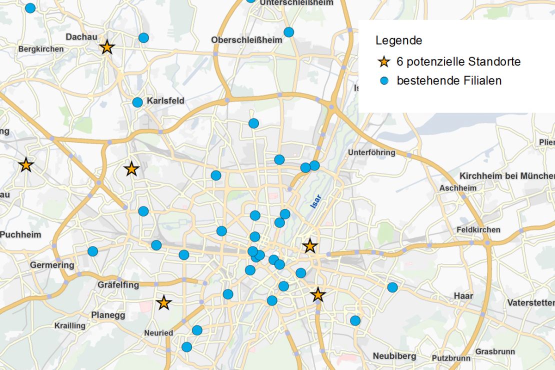 Szenario 3 einer Filialnetz-Optimierung: Erweiterung des Netzes um 6 Standorte Szenario 3 einer Filialnetz-Optimierung: Erweiterung des Netzes um 6 Standorte