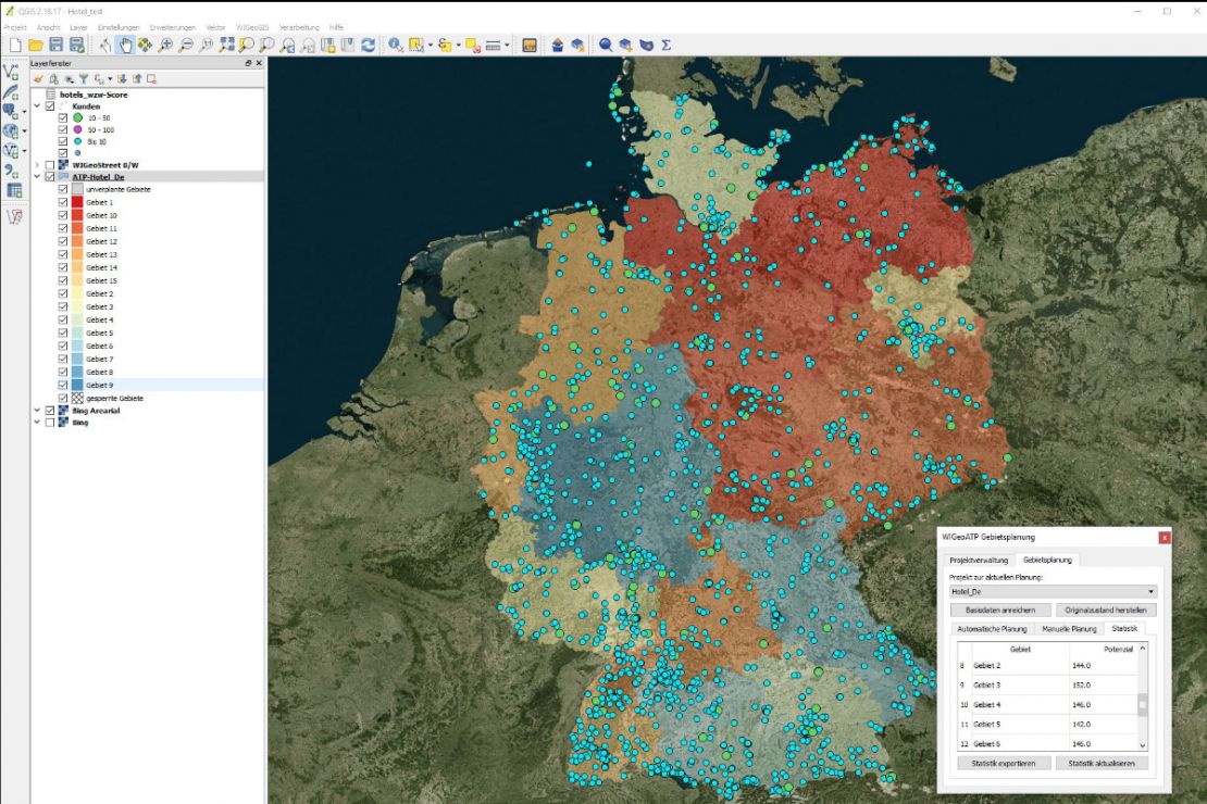 Die Gebietsplanungs-Software WIGeoATP teilt Ihre Märkte in die gewünschte Anzahl gleichwertiger Gebiete