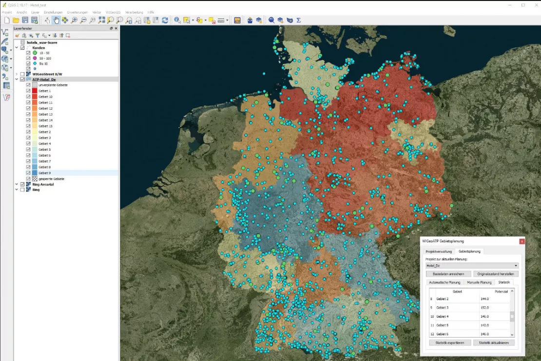 The territory planning software WIGeoATP divides your markets into the desired number of equivalent territories