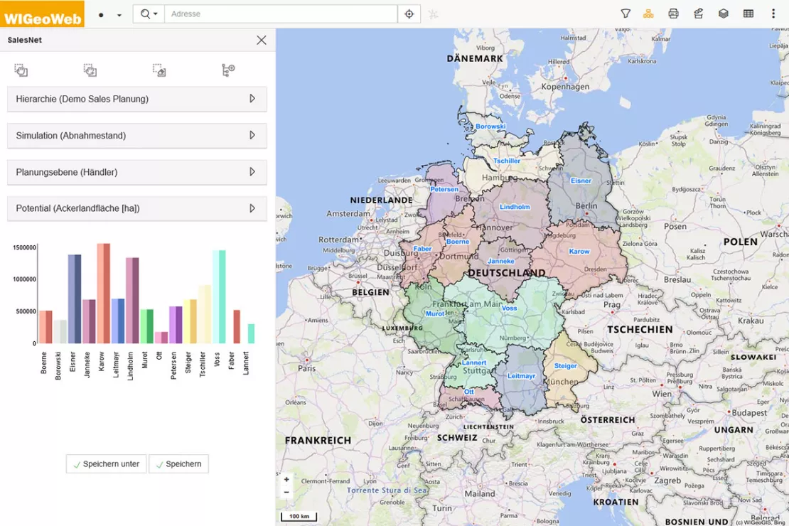 Spatial analysis of your KPIs and planning of your territory structures with Salesnet
