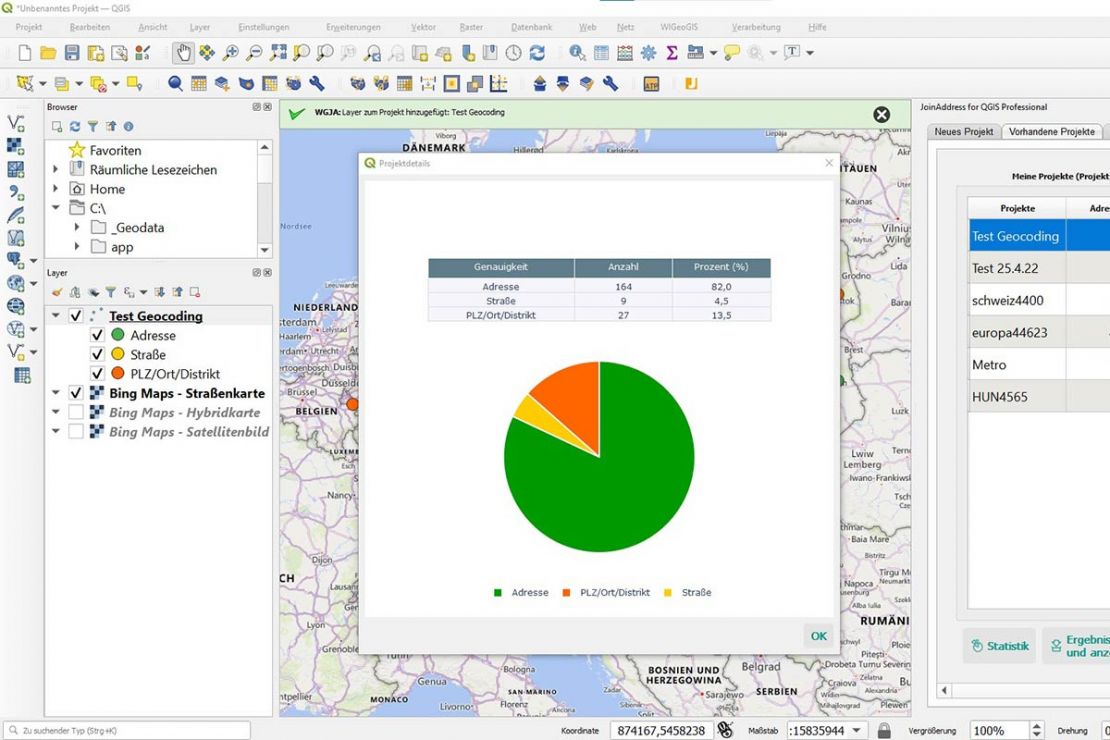 Ergebnis der automatischen Geokodierung im Geocode Plugin für QGIS Ergebnis der automatischen Geokodierung im Geocode Plugin für QGIS