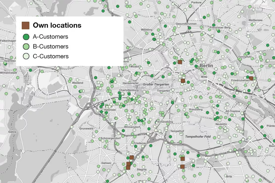 Own locations and the distribution of A, B & C customers