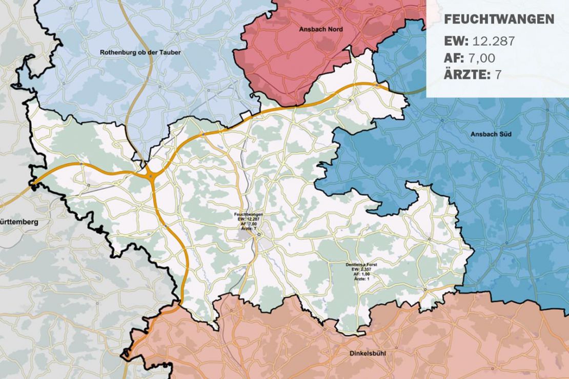 GIS-Karte: Schnellübersicht der kassenärztlichen Versorgung. Drohende Unterversorgung im Bereich Ansbach Nord GIS-Karte: Schnellübersicht der kassenärztlichen Versorgung. Drohende Unterversorgung im Bereich Ansbach Nord
