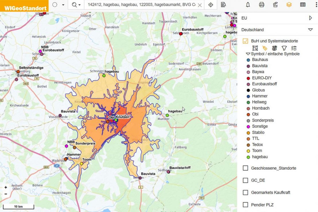 Screenshot aus Standortanalyse-Tool zur Einzugsgebietsberechnung für Händlernetzplanung Screenshot aus Standortanalyse-Tool zur Einzugsgebietsberechnung für Händlernetzplanung