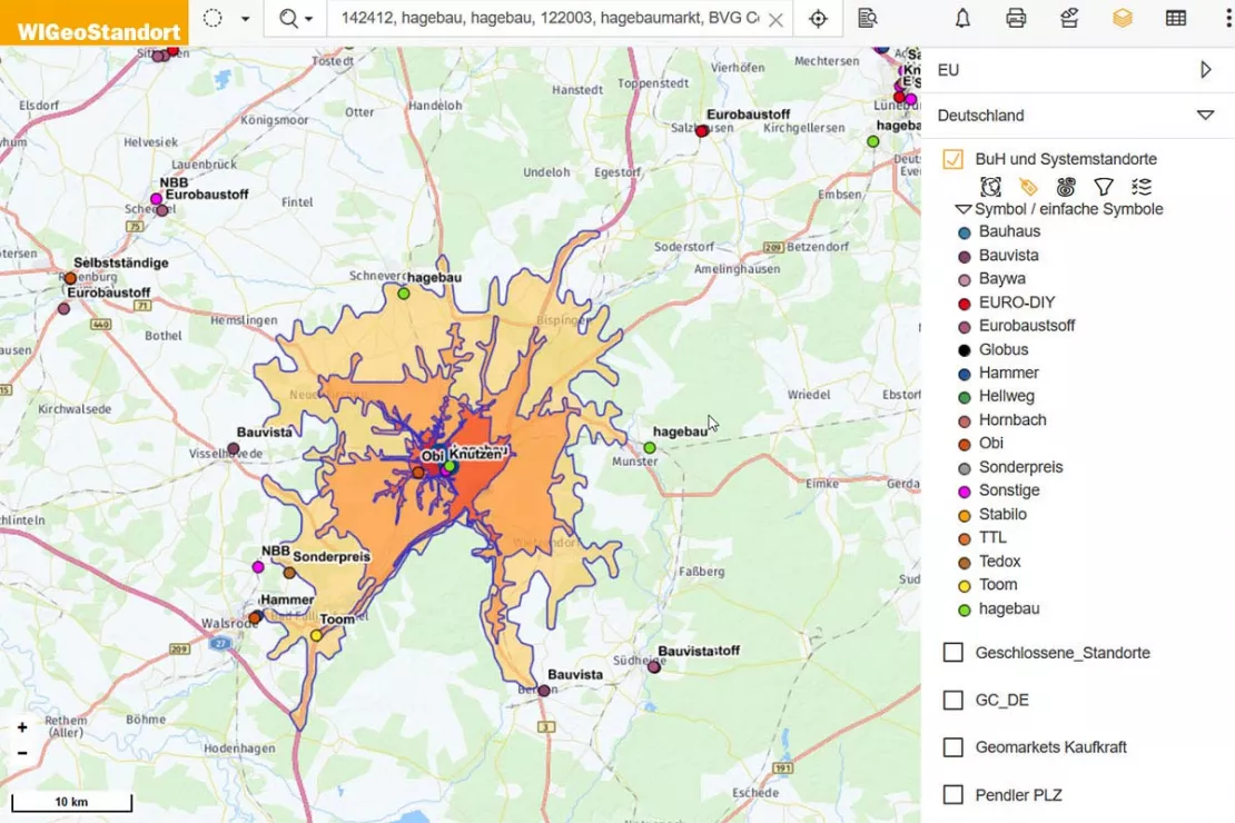 Screenshot of the location analysis tool for catchment area calculation for retailer network planning