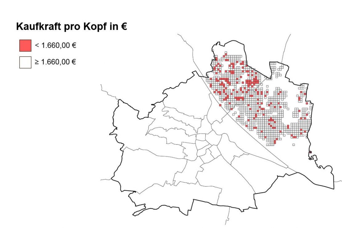 Karte mit Kaufkraft kleinräumig für Wiener Bezirke