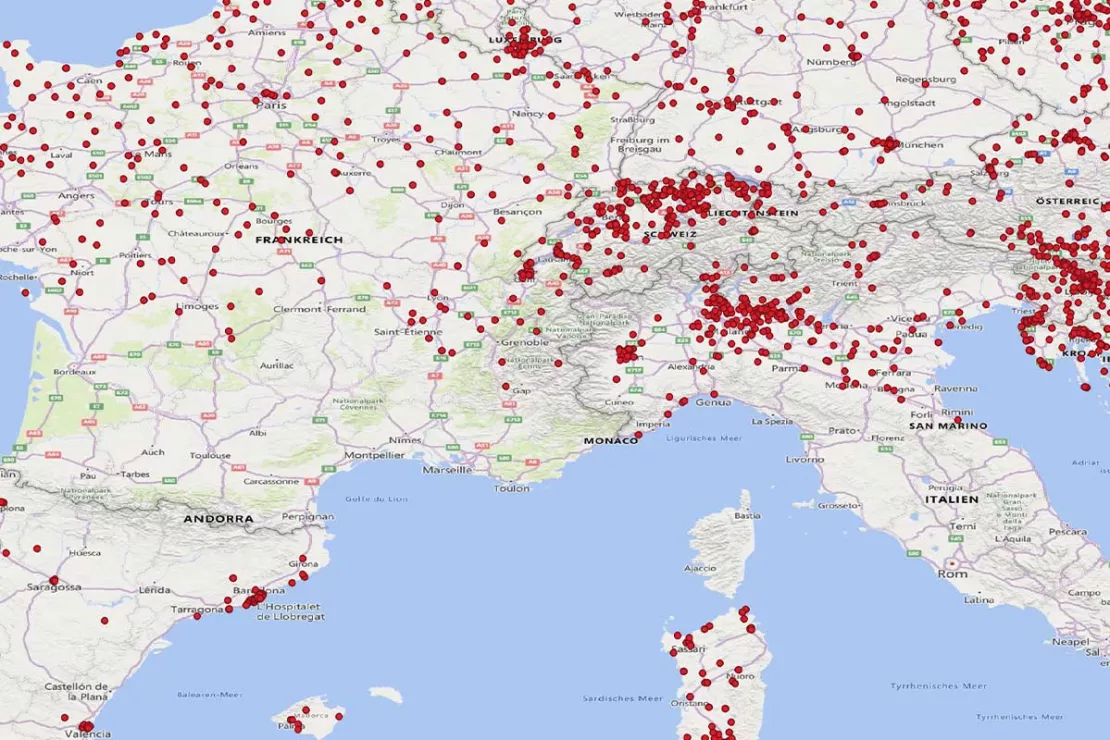 Screenshot Tool für Kundenlandkarte: Kunden aus ganz Europa auf einen Blick auf der Karte 