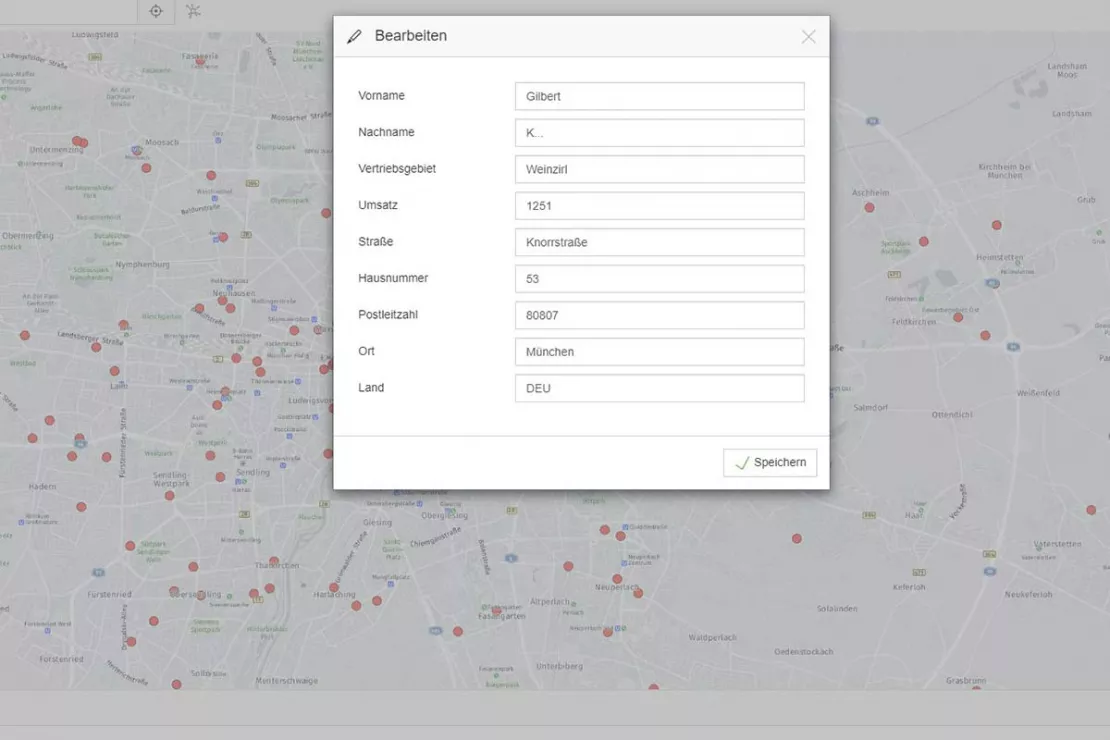 Screenshot Software WIGeoWeb Kundendatensatz mit geöffnetem Fenster zum Editieren