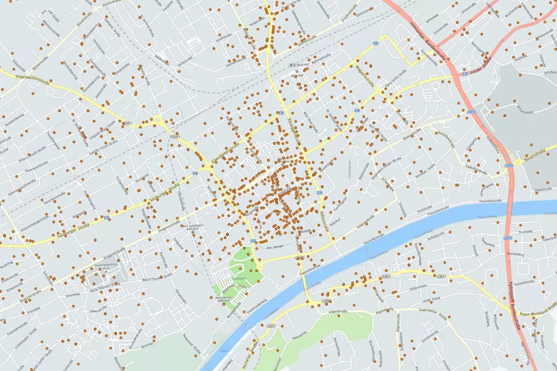 Screenshot WebGIS-Tool Kunden als Punkte auf Landkarte dargestellt