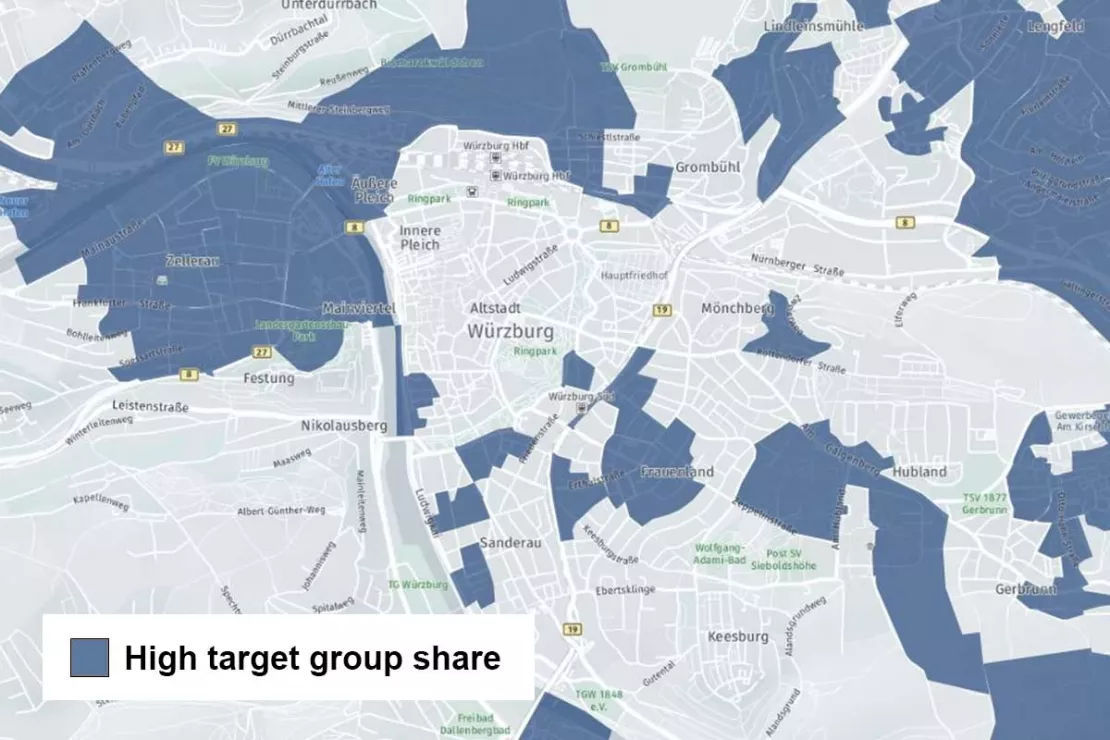 The screenshot of this geomarketing analysis shows a high target group in different areas