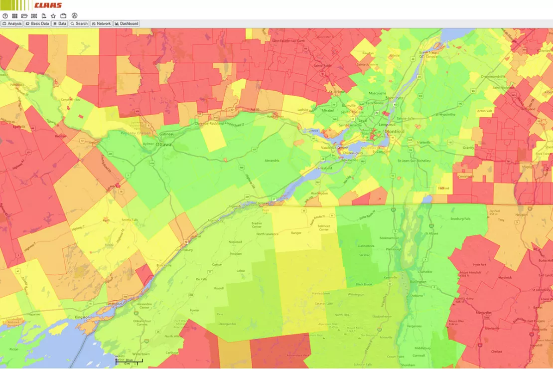 Screenshot market analysis WebGIS best practice CLAAS: usable areas around Montreal