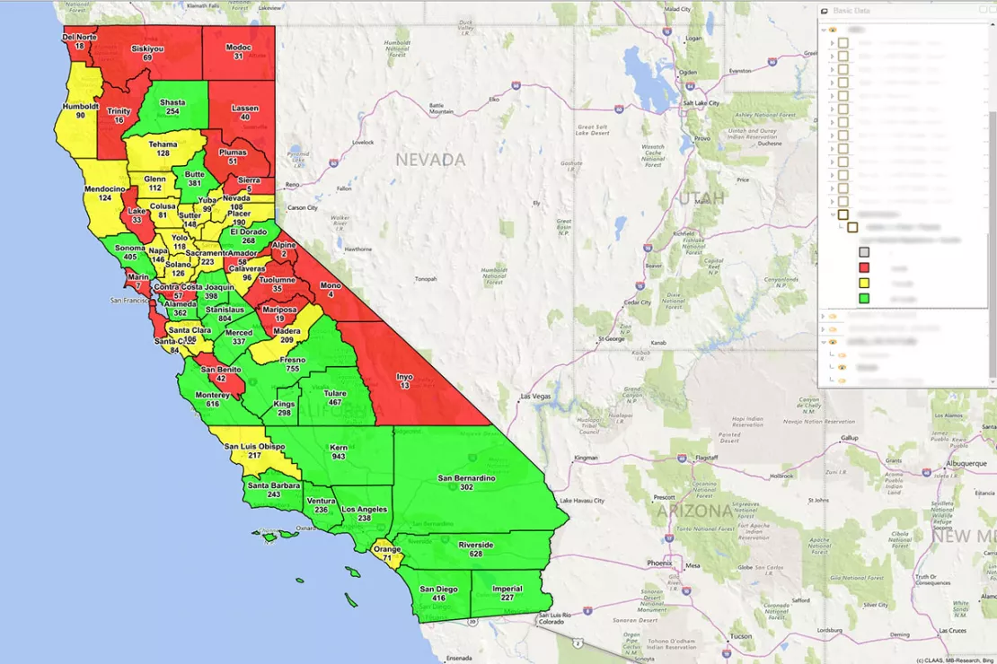 Screenshot Marktanalyse & Territory Management WebGIS: Regionen mit Verkäufen Kalifornien