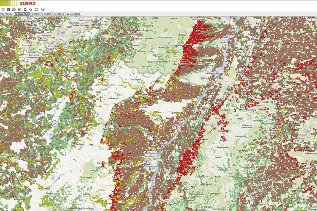 Screenshot market analysis & territory management WebGIS, best practice CLAAS: agricultural areas at the border crossing
