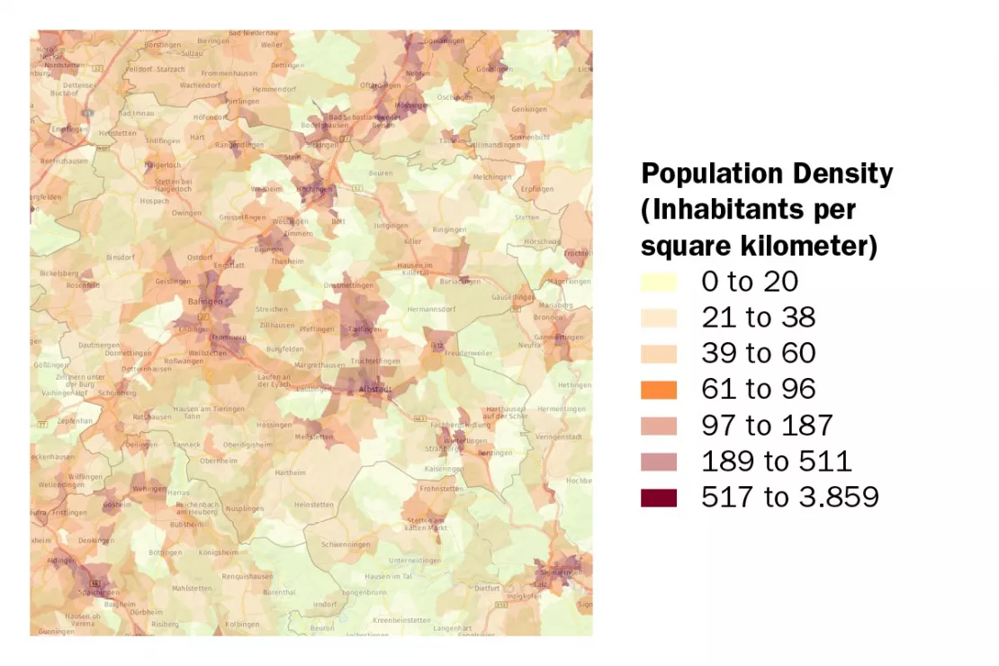 Recognize spatial structures - see the population density in the district Zollernalbkreis