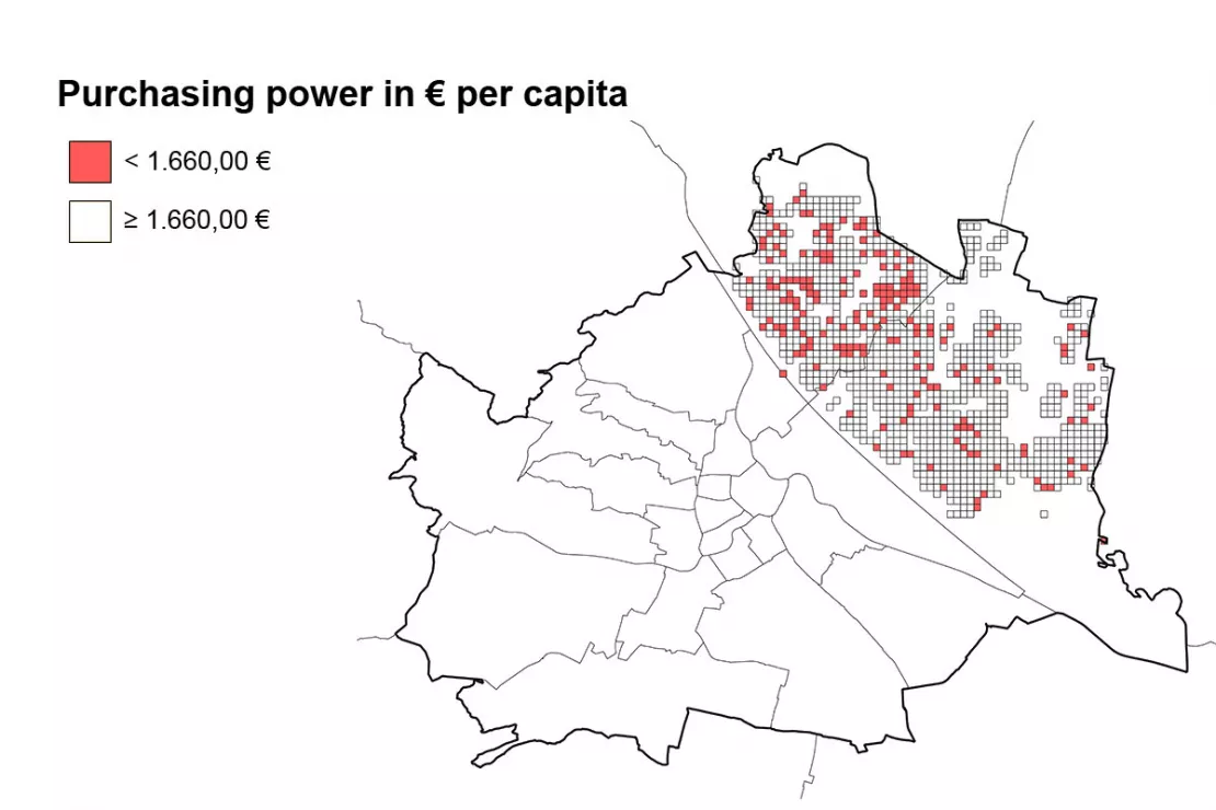 Map with small-scale purchasing power for districts of Vienna