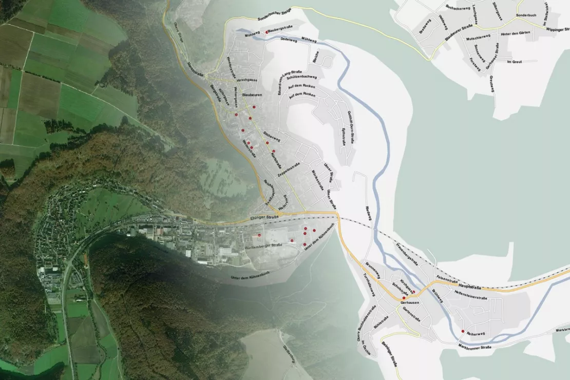 Screenshot aus GIS mit Luftkarte und Rasterdaten