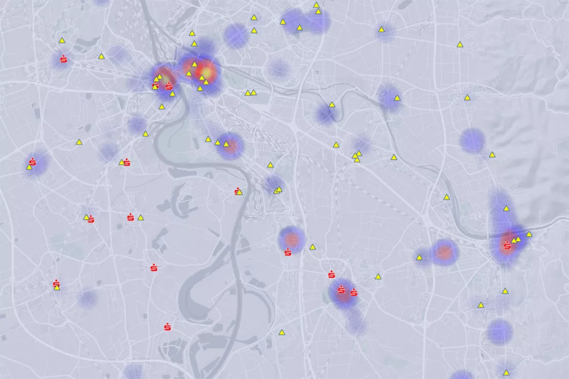 Weltweite Unternehmensstandorte auf der interaktiven Landkarte darstellen. Parallel per Heatmap (Flächeneinfärbung) z. B. auch die Kundendichte.