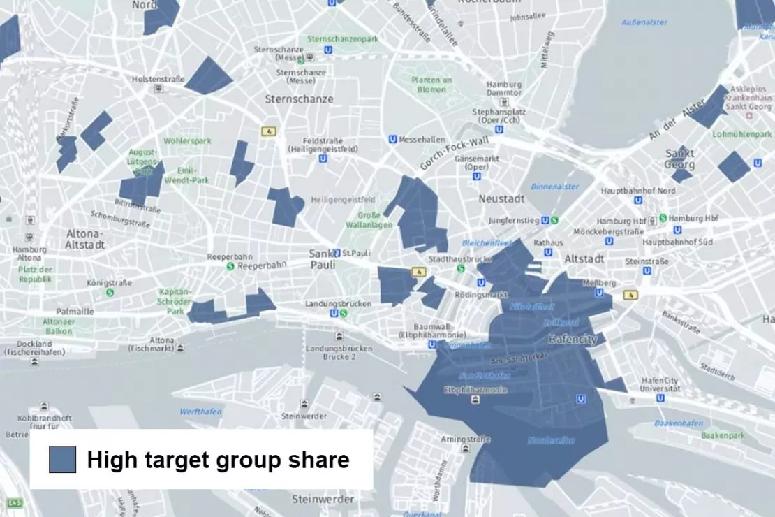 Target groups and their distribution are visible in the GIS software