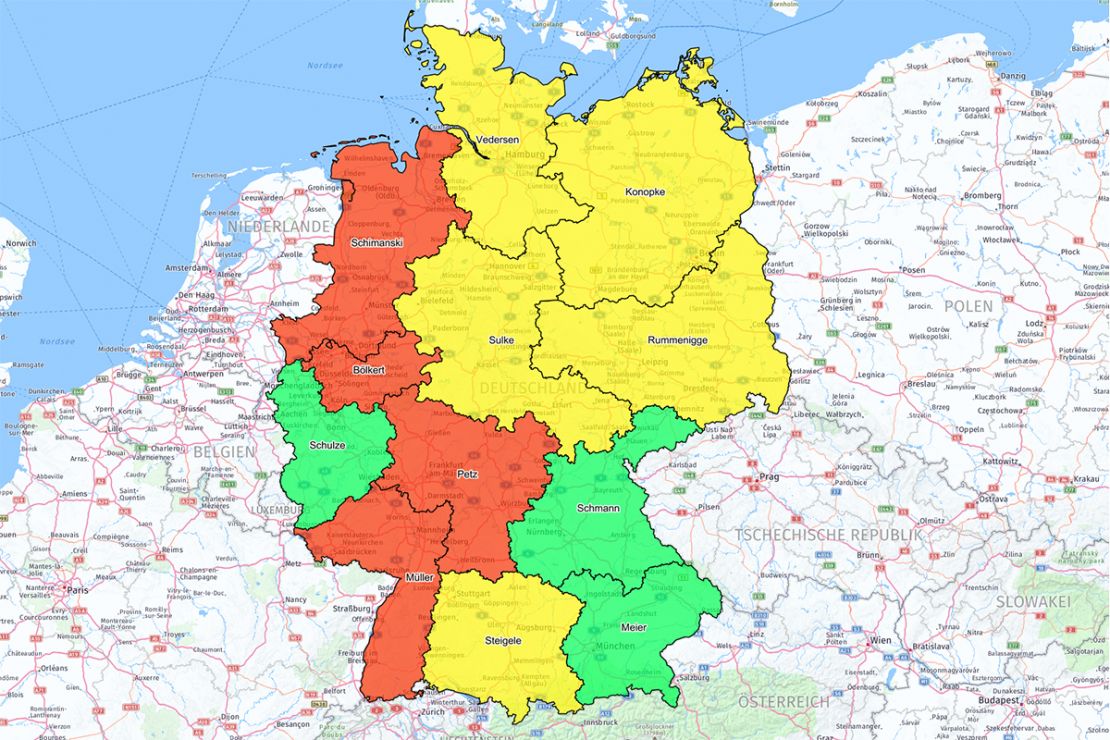 Regions are displayed in colors according to sales on the interactive map