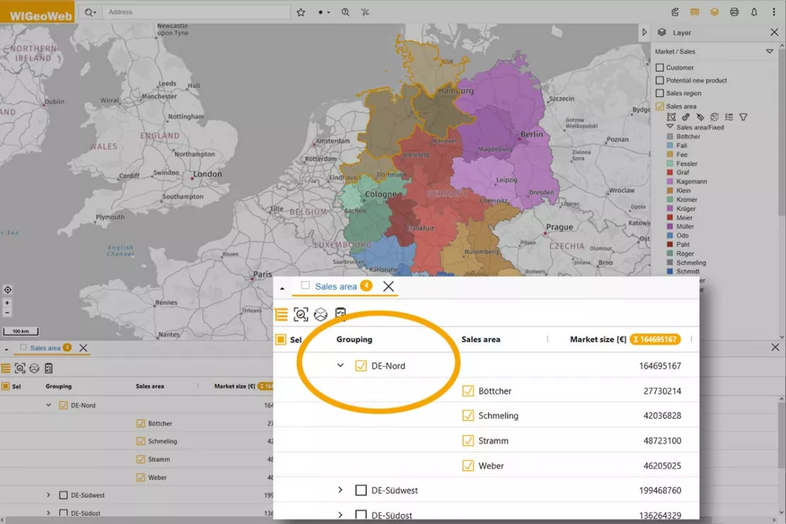 Group data tables and quickly gain an overview of sales territories and the sales region on the map